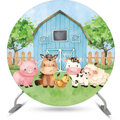 Aperturee - Blue Barn Animals Grass Tree Round Birthday Backdrop