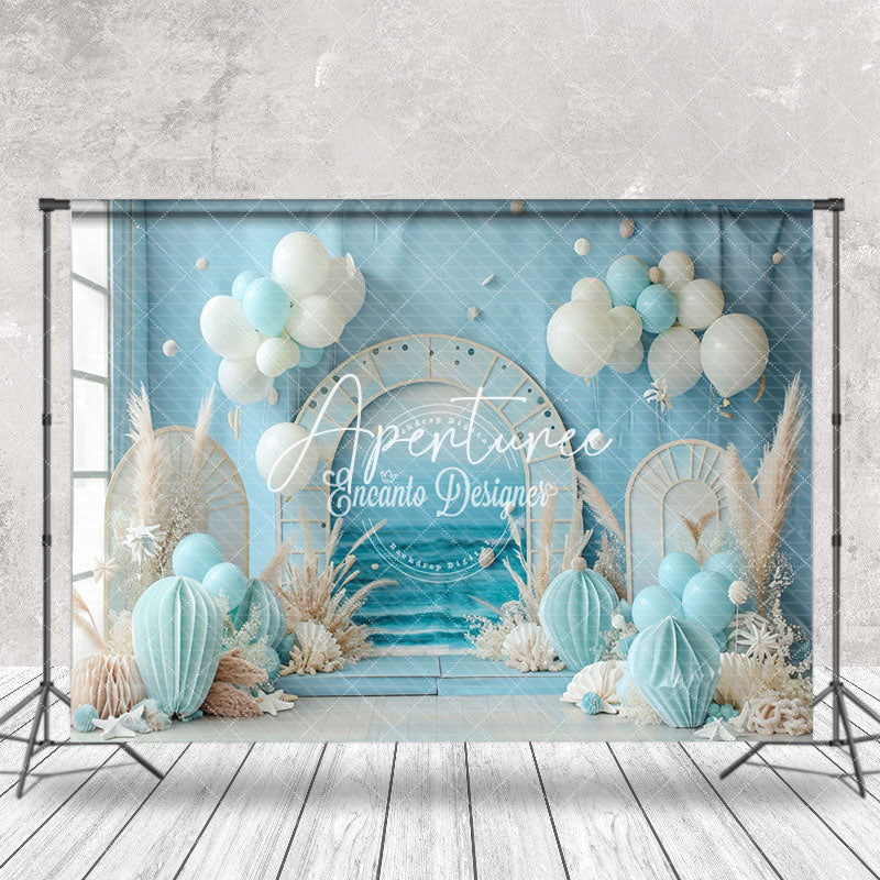 Aperturee - Blue Beach Balloons Summer Backdrop For Cake Smash