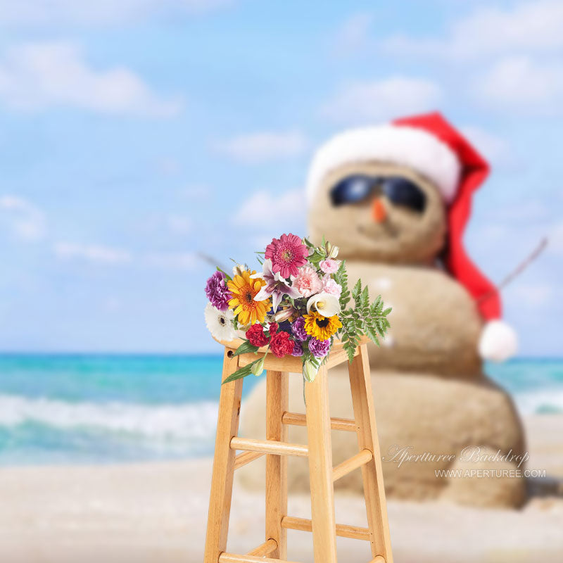 Aperturee - Blue Beach Sandy Snowman Christmas In July Backdrop