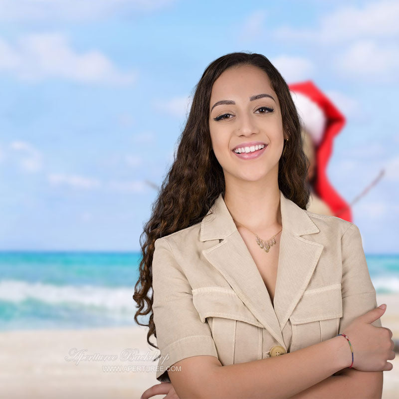 Aperturee - Blue Beach Sandy Snowman Christmas In July Backdrop