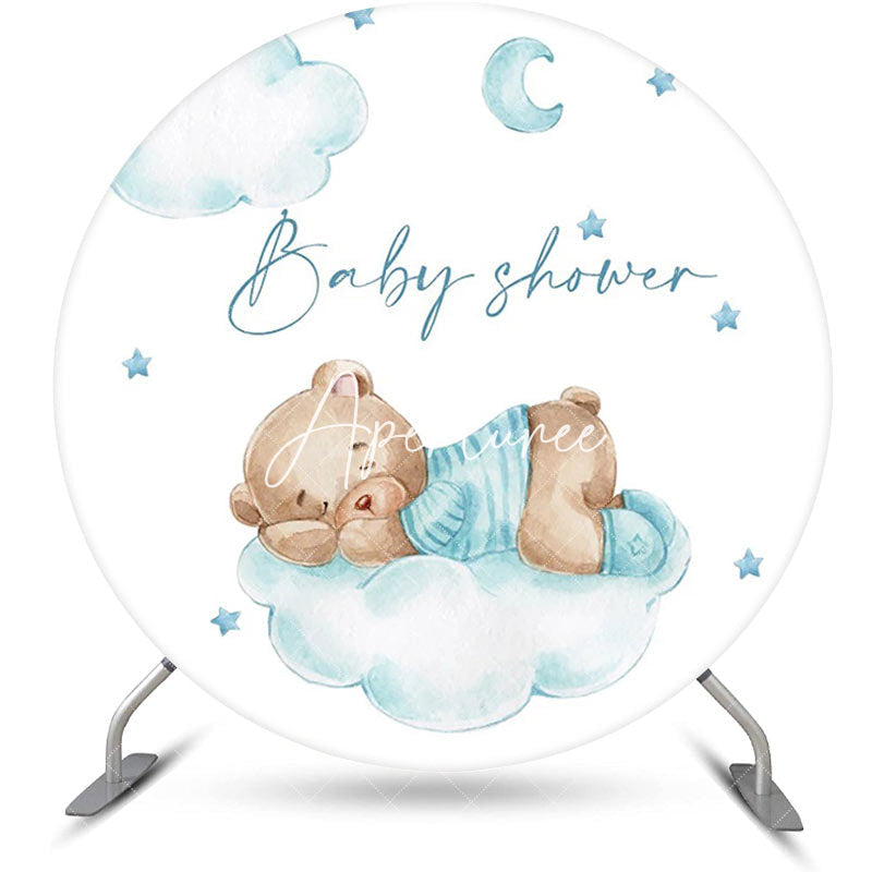 Aperturee - Blue Bear Cloud Moon Star Round Baby Shower Backdrop