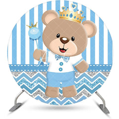 Aperturee - Blue Bear Crown Stripe Round Baby Shower Backdrop