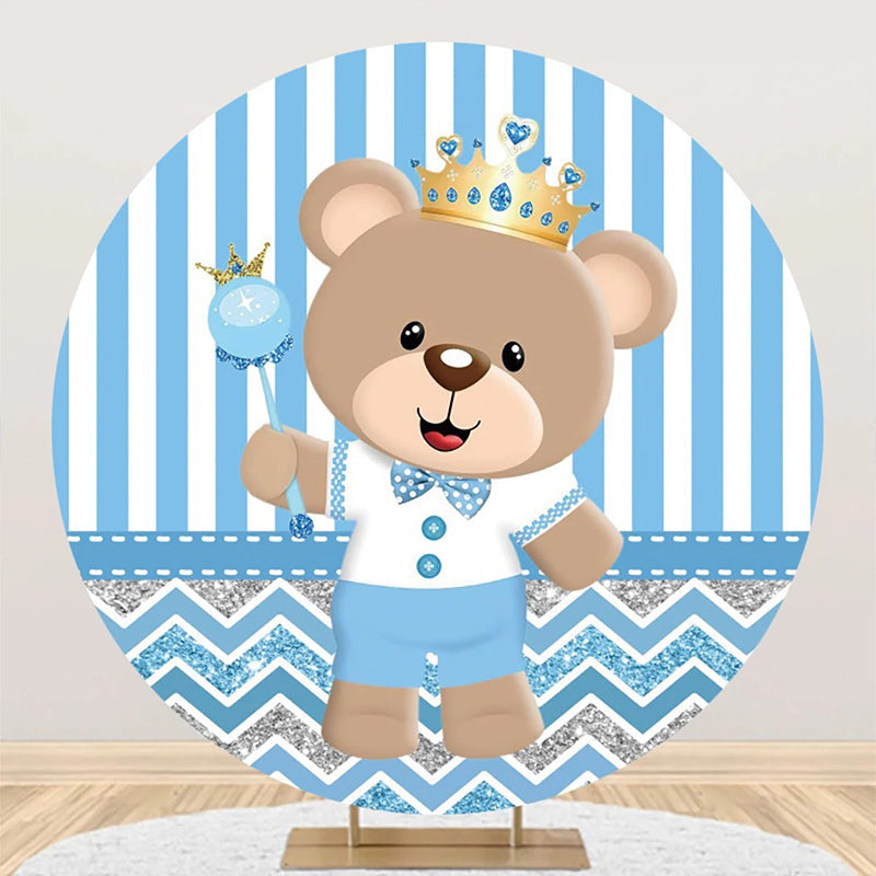 Aperturee - Blue Bear Crown Stripe Round Baby Shower Backdrop