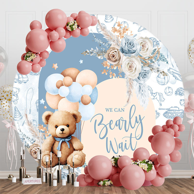 Aperturee - Blue Bearly Wait Floral Round Baby Shower Backdrop