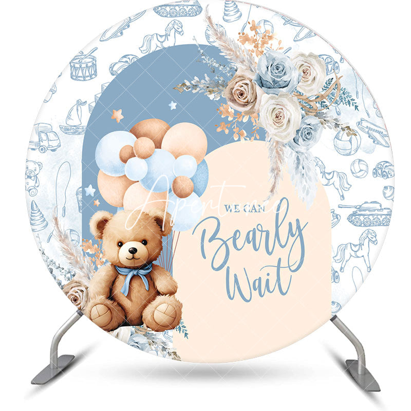 Aperturee - Blue Bearly Wait Floral Round Baby Shower Backdrop