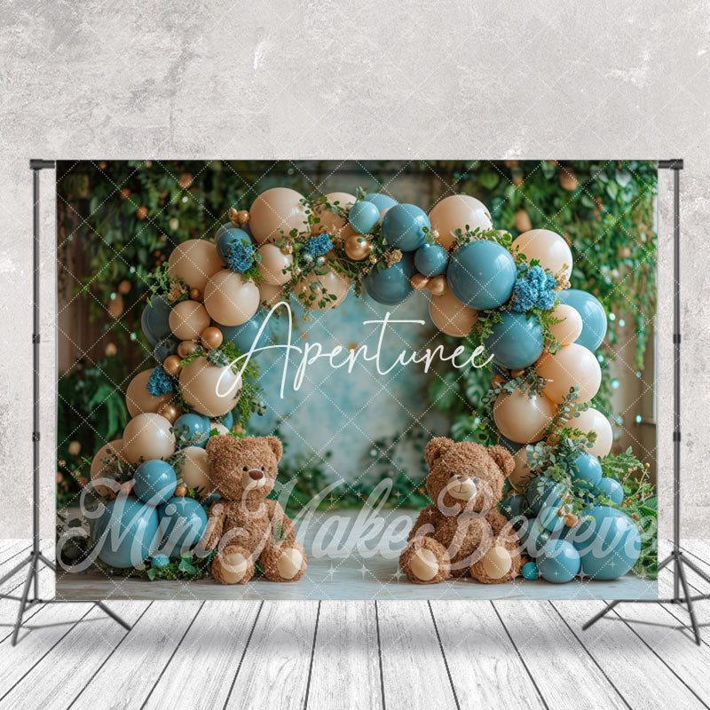 Aperturee - Blue Beige Balloon Leaves Bear Cake Smash Backdrop