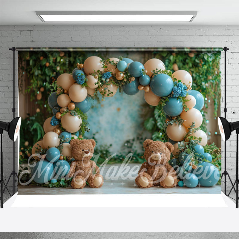 Aperturee - Blue Beige Balloon Leaves Bear Cake Smash Backdrop