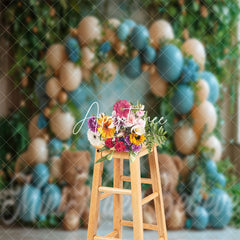 Aperturee - Blue Beige Balloon Leaves Bear Cake Smash Backdrop