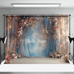 Aperturee - Blue Beige Curtain Dim Light Pink Floral Backdrop