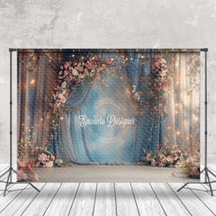 Aperturee - Blue Beige Curtain Dim Light Pink Floral Backdrop