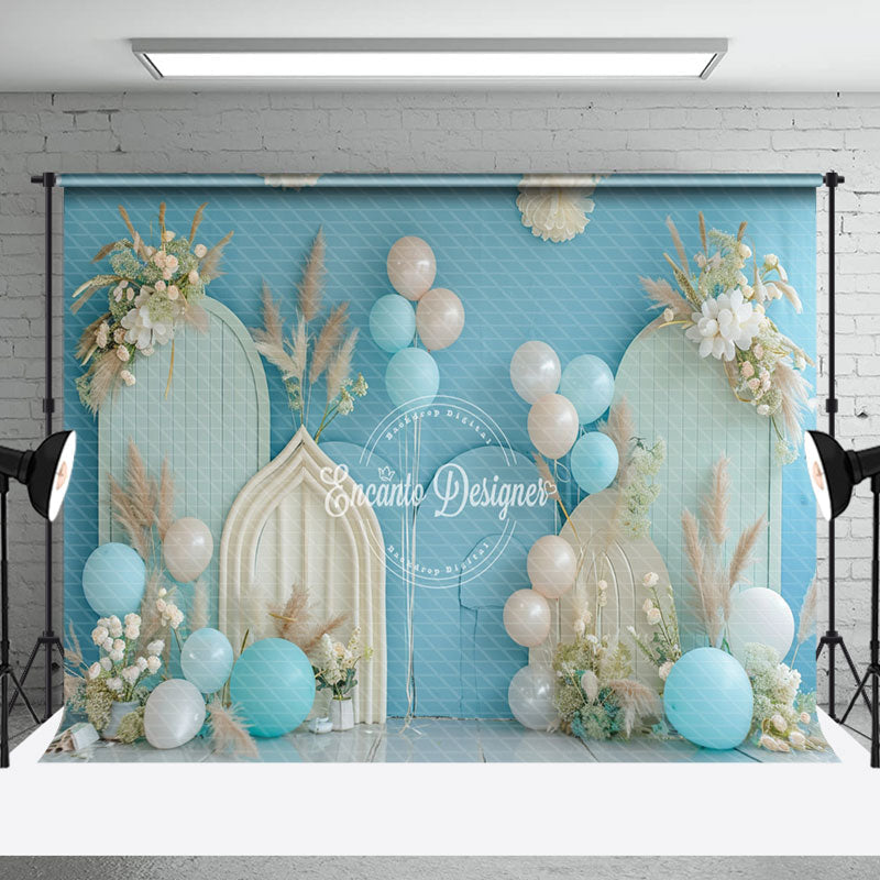 Aperturee - Blue Beige Floral Balloon Summer Cake Smash Backdrop