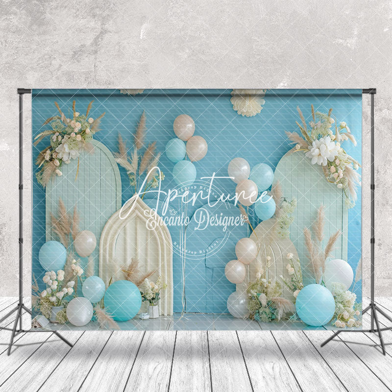 Aperturee - Blue Beige Floral Balloon Summer Cake Smash Backdrop