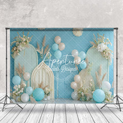 Aperturee - Blue Beige Floral Balloon Summer Cake Smash Backdrop