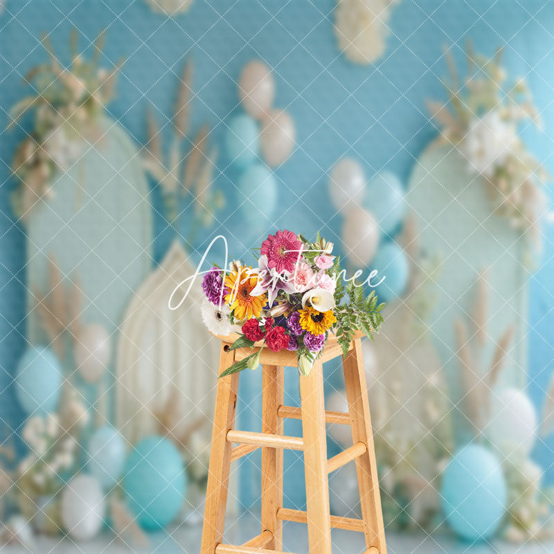 Aperturee - Blue Beige Floral Balloon Summer Cake Smash Backdrop