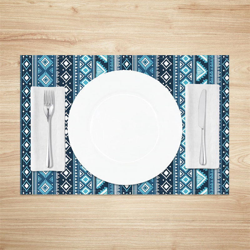 Aperturee - Blue Black African Tribal Stripe Set Of 4 Placemats