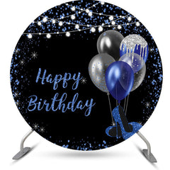 Aperturee - Blue Black Balloons Round Happy Birthday Backdrop