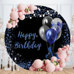 Aperturee - Blue Black Balloons Round Happy Birthday Backdrop