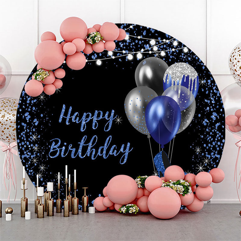 Aperturee - Blue Black Balloons Round Happy Birthday Backdrop