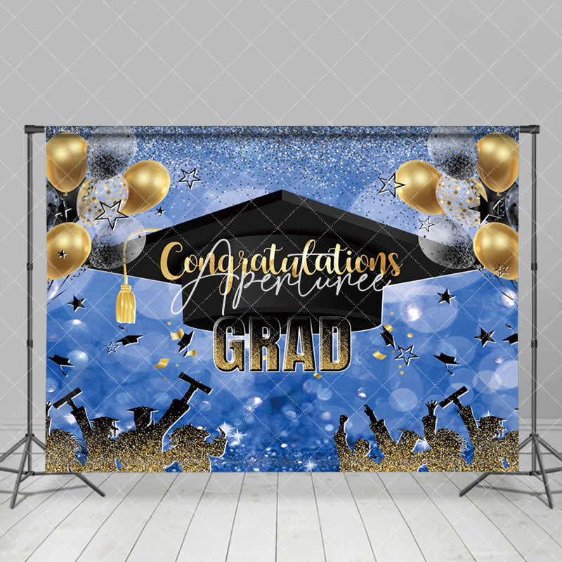 Aperturee - Blue Black Cap Balloon Bokeh Congrats Grad Backdrop