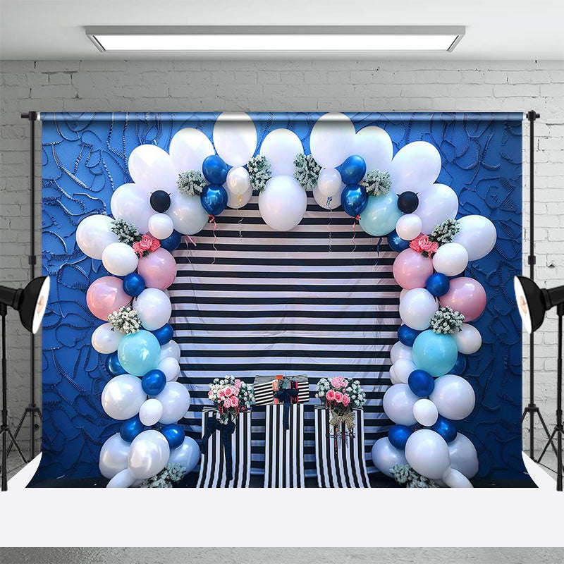 Aperturee - Blue Black White Stripe Balloon Backdrop For Photo