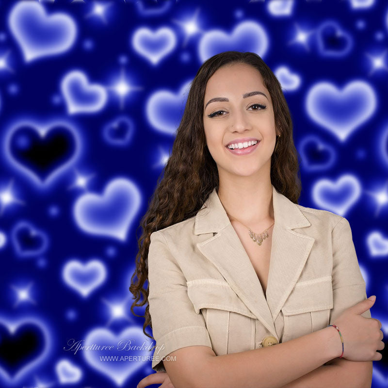 Aperturee - Blue Bokeh Heart Valentines Day Portrait Backdrop