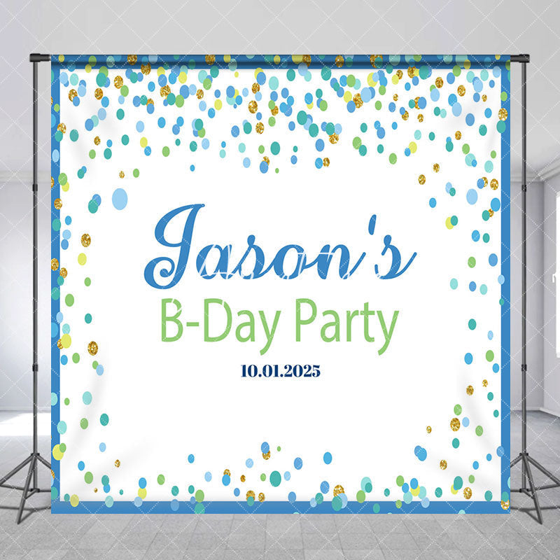 Aperturee - Blue Border Dots White Custom Name Birthday Backdrop