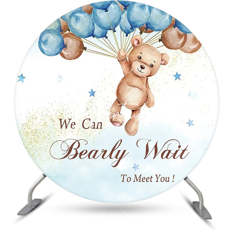 Aperturee - Blue Brown Balloon Bear Circle Baby Shower Backdrop