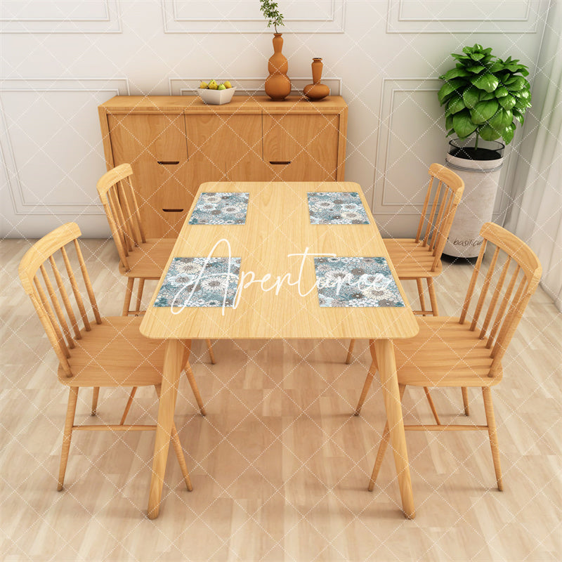 Aperturee - Blue Brown Beige Floral Dining Set Of 4 Placemats