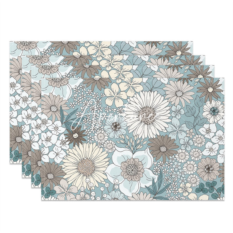 Aperturee - Blue Brown Beige Floral Dining Set Of 4 Placemats