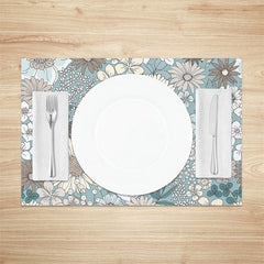 Aperturee - Blue Brown Beige Floral Dining Set Of 4 Placemats