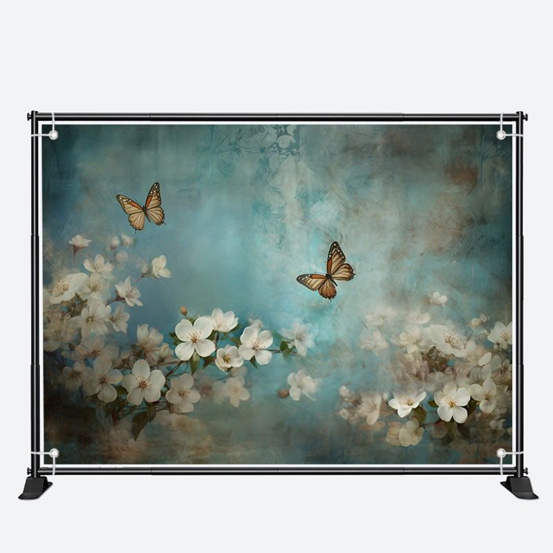 Aperturee - Blue Butterfly And White Flowers Birthday Backdrop