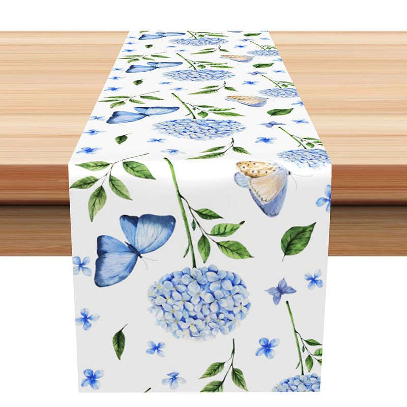 Aperturee - Blue Butterfly Floral Green Leaves Table Runner