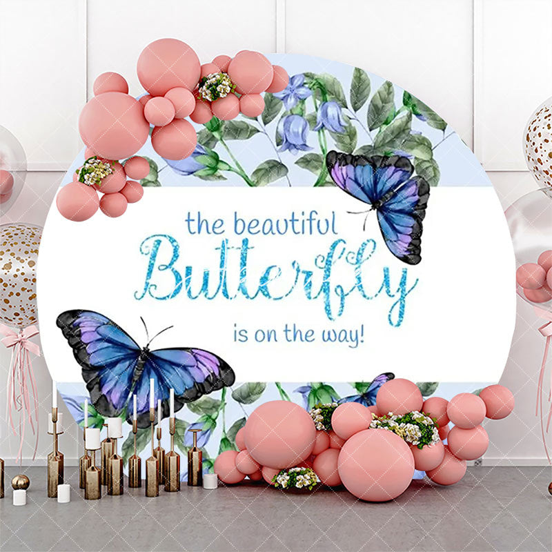 Aperturee - Blue Butterfly Floral Round Baby Shower Backdrop