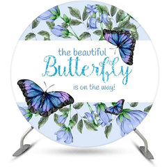 Aperturee - Blue Butterfly Floral Round Baby Shower Backdrop