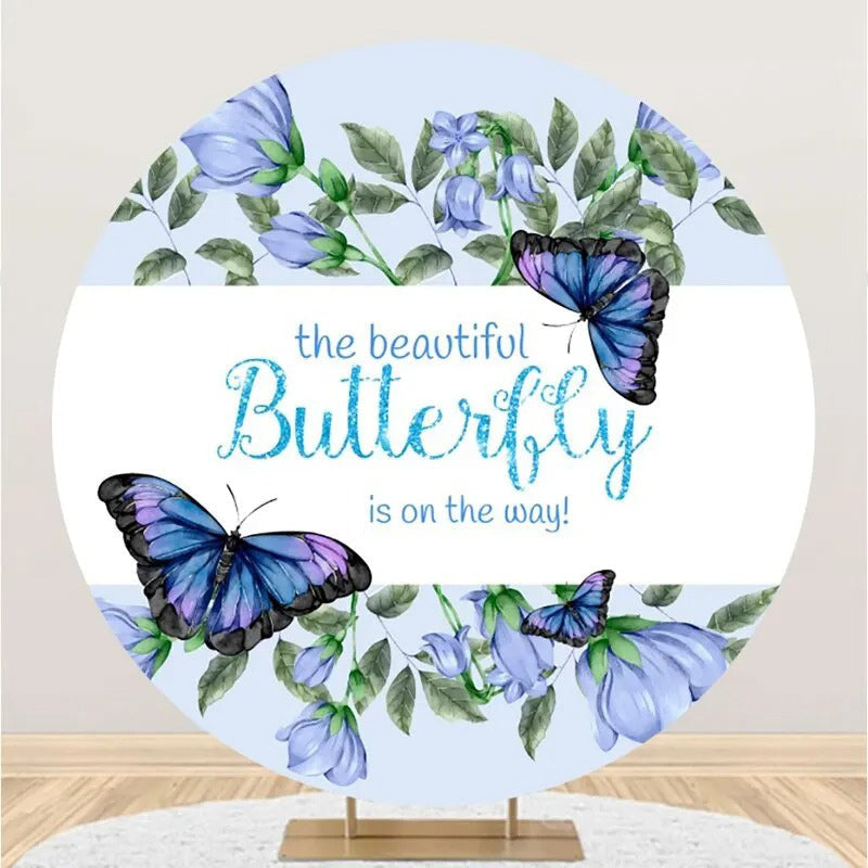 Aperturee - Blue Butterfly Floral Round Baby Shower Backdrop