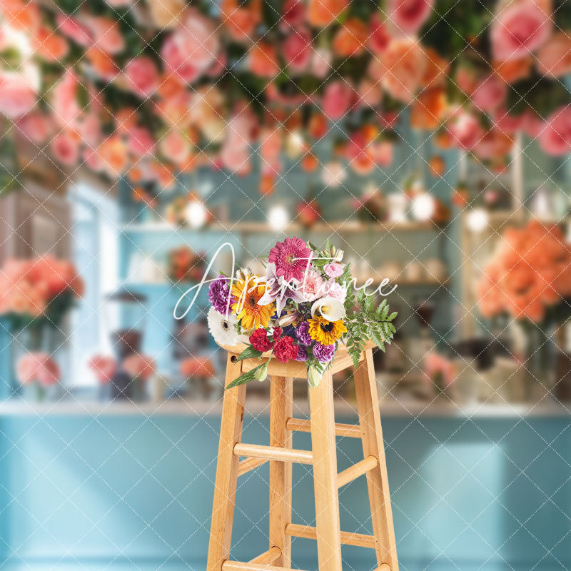 Aperturee - Blue Cafe Bar Light Dense Pink Floral Photo Backdrop