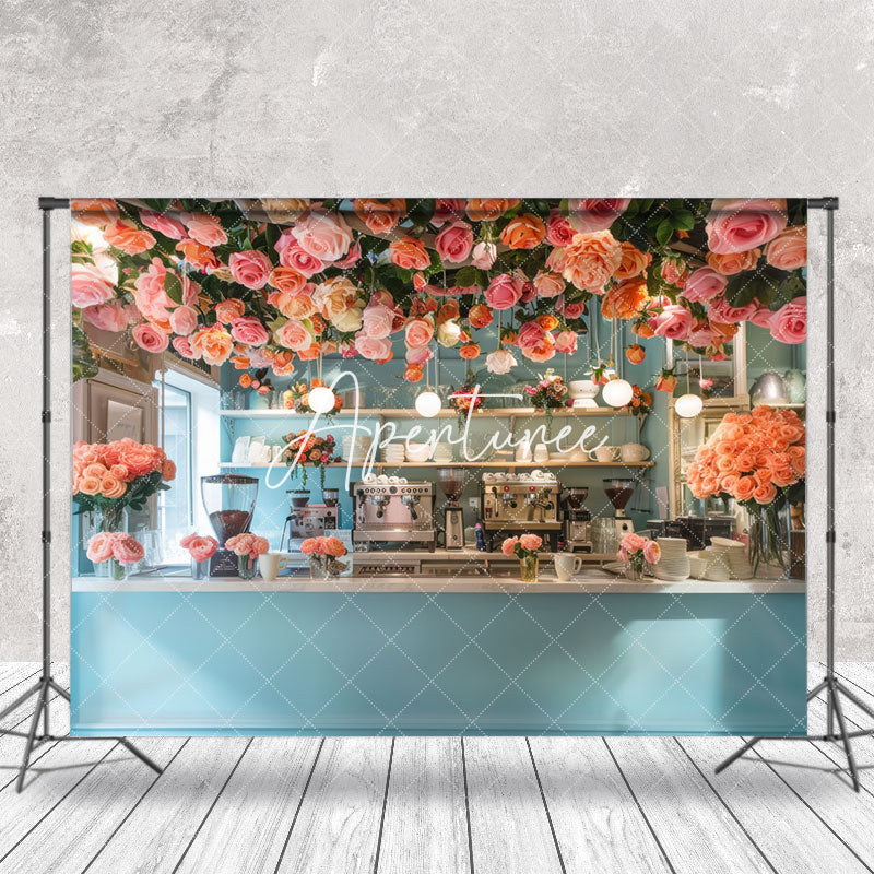 Aperturee - Blue Cafe Bar Light Dense Pink Floral Photo Backdrop