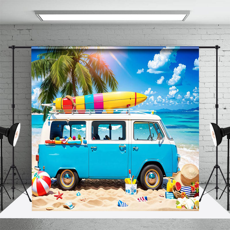 Aperturee - Blue Camping Bus Sky Beach Holiday Summer Backdrop