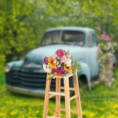 Aperturee - Blue Car Flowers Forest Spring Photography Backdrop