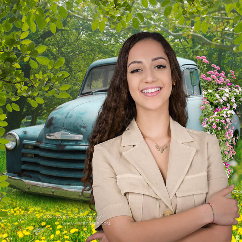 Aperturee - Blue Car Flowers Forest Spring Photography Backdrop