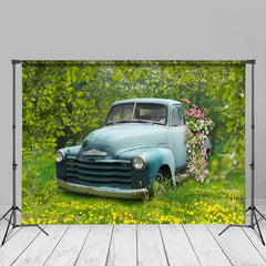 Aperturee - Blue Car Flowers Forest Spring Photography Backdrop