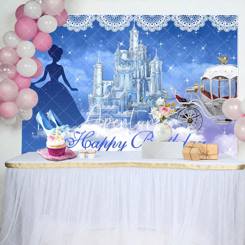 Aperturee - Blue Castle Carriage Princess Birthday Backdrop