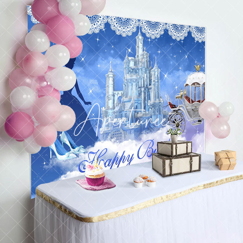 Aperturee - Blue Castle Carriage Princess Birthday Backdrop