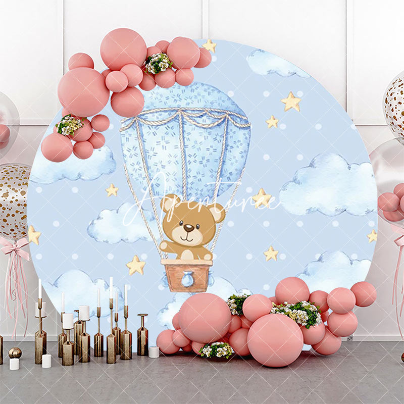 Aperturee - Blue Cloud Bear Stars Dot Round Baby Shower Backdrop