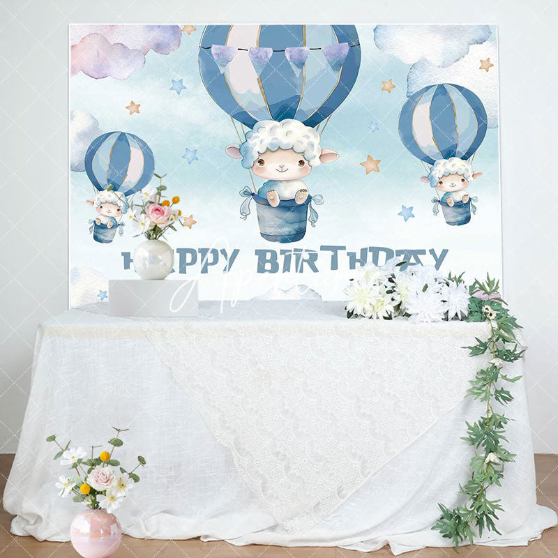 Aperturee - Blue Cloud Hot Air Balloon Lamb Birthday Backdrop