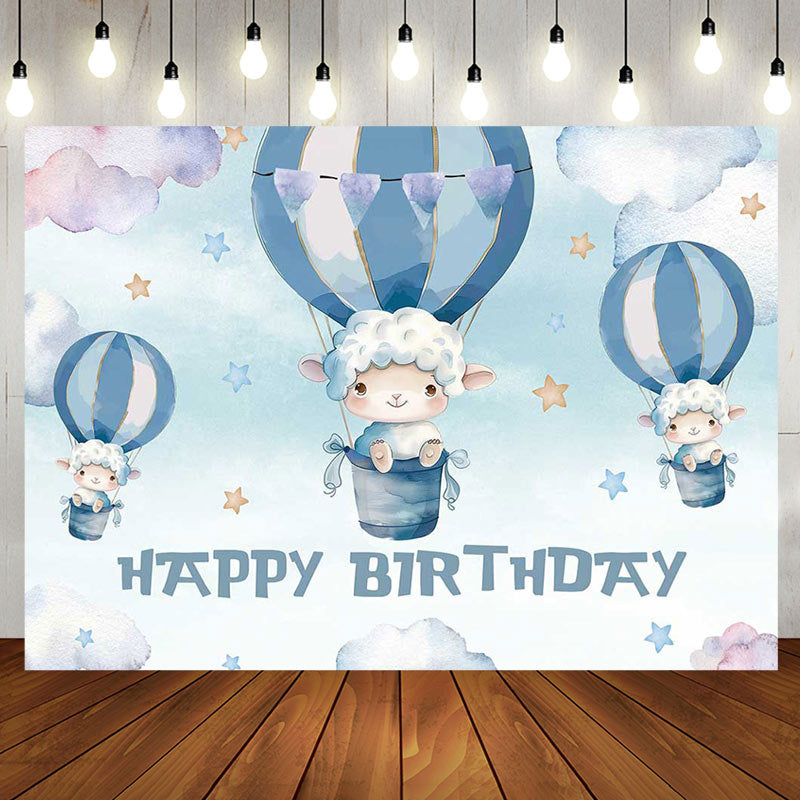 Aperturee - Blue Cloud Hot Air Balloon Lamb Birthday Backdrop