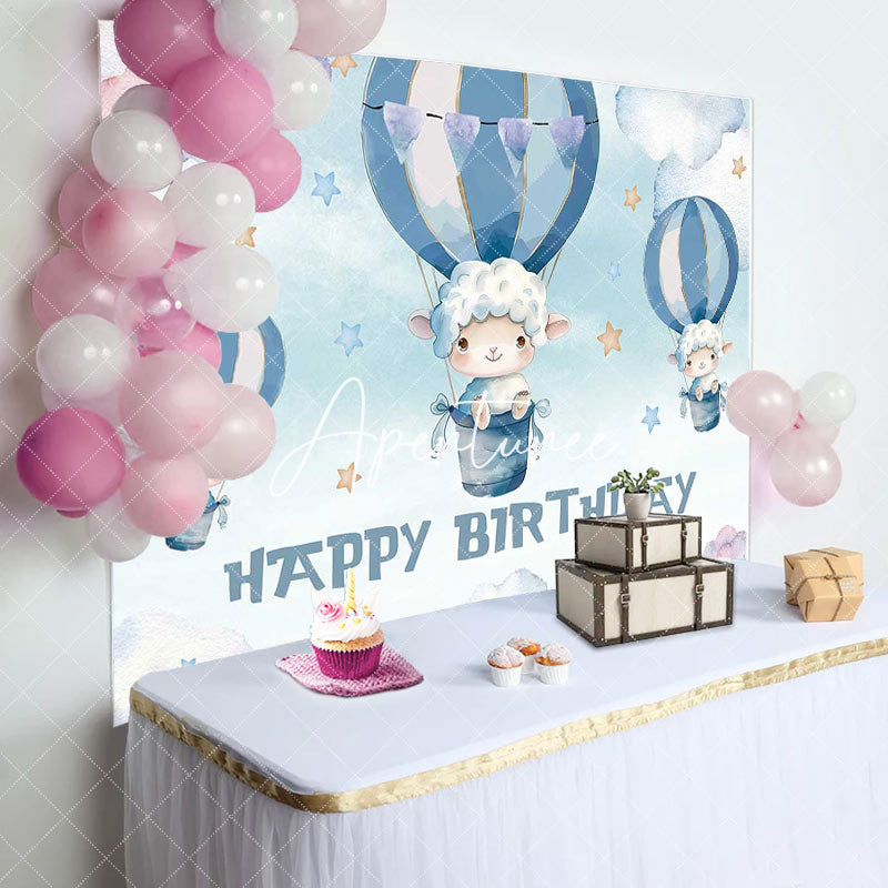 Aperturee - Blue Cloud Hot Air Balloon Lamb Birthday Backdrop