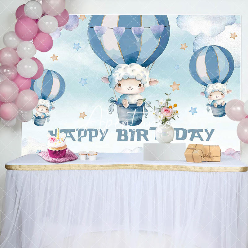 Aperturee - Blue Cloud Hot Air Balloon Lamb Birthday Backdrop