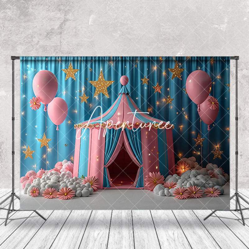 Aperturee - Blue Curtain Circus Tent Balloon Cake Smash Backdrop