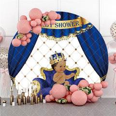 Aperturee Blue Curtain With Crown Boy Circle Baby Shower Backdrop